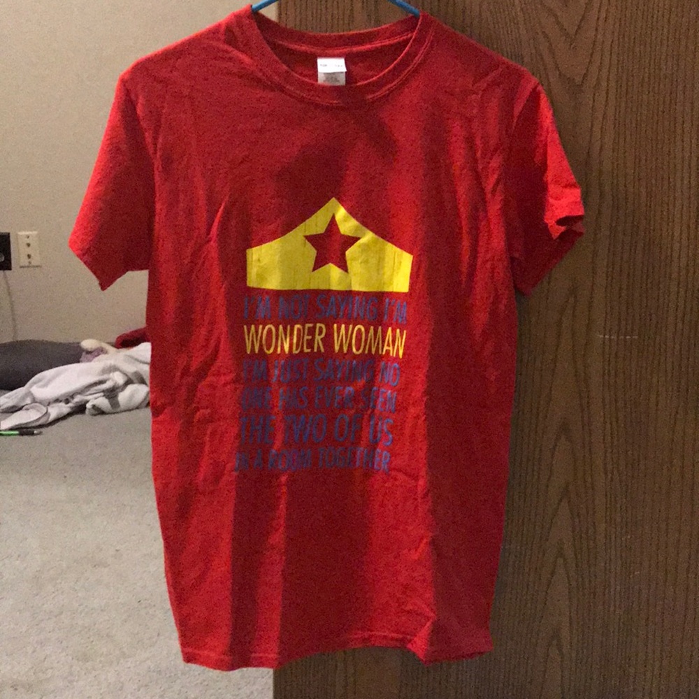 red wonder woman t-shirt.